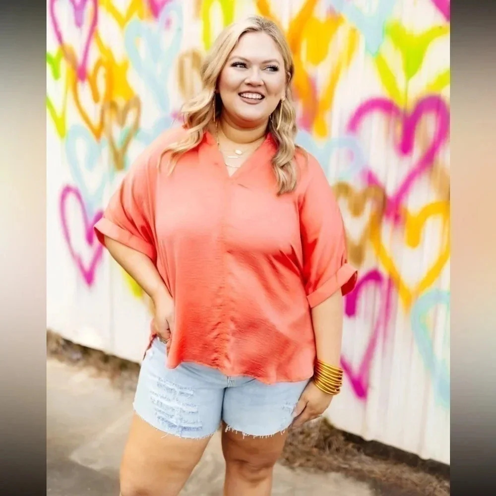 Boutique Brand Glam Coral Satin V-Neck Collared Rolled Sleeve Blouse- Size Small